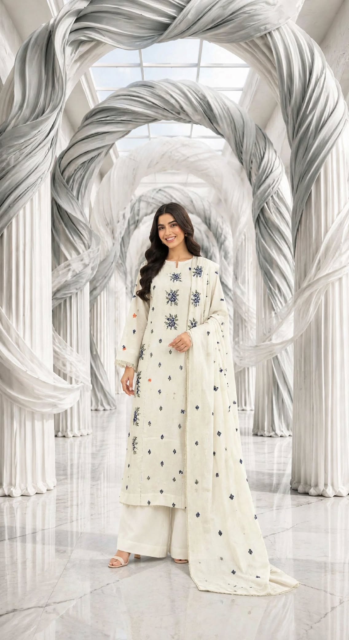 Karandi khaddar embroidered stiched long shirt trouser 3pc nvyF