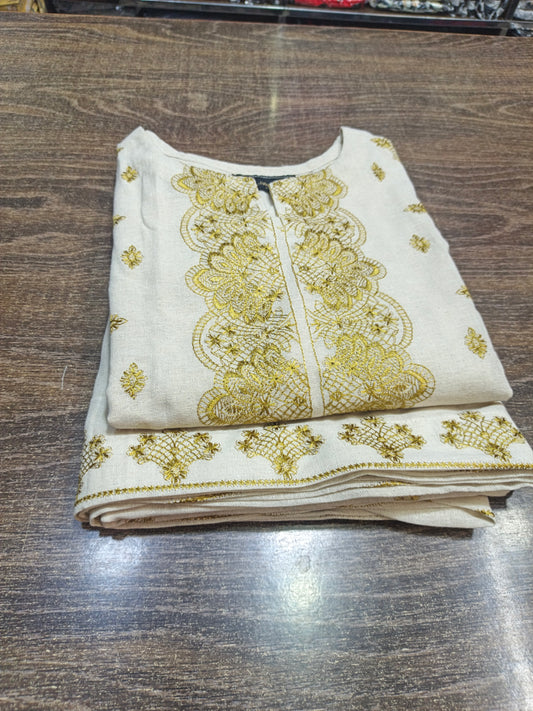 Karandi khaddar embroidered stiched long shirt trouser 3pc dhni