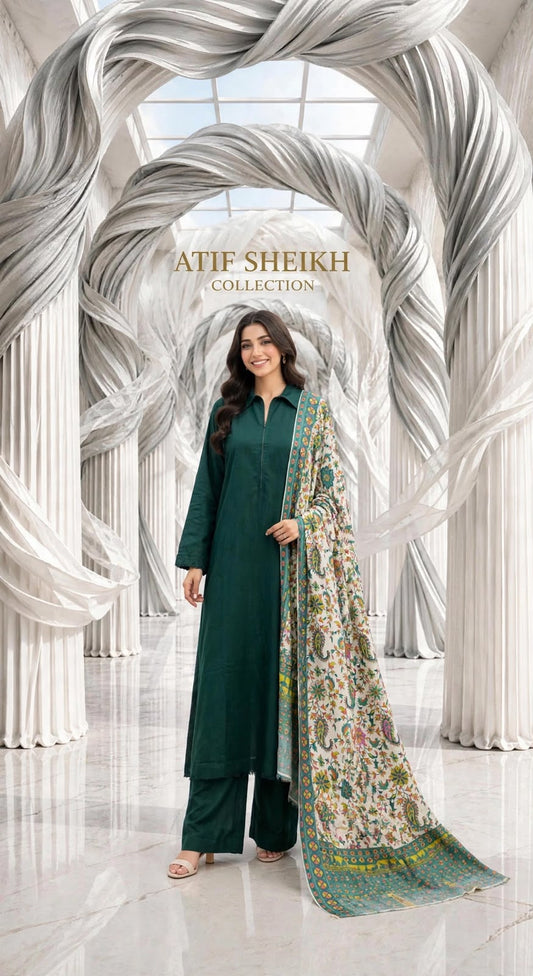Binsaeed khaddar stiched long shirt trouser with pashmina shawl 3 pc