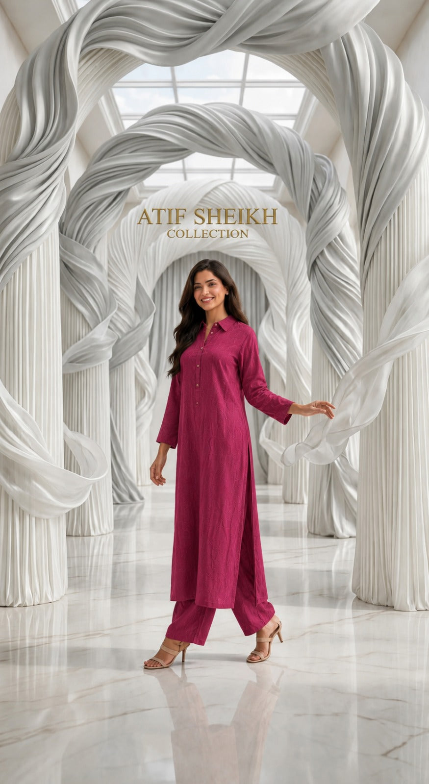 Embossed self jacquard shirt trouser 2 pc hotpnk
