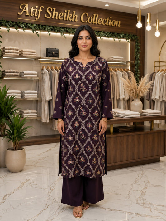 Karandi embroidered stiched long shirt trouser 2pc mrjtkri