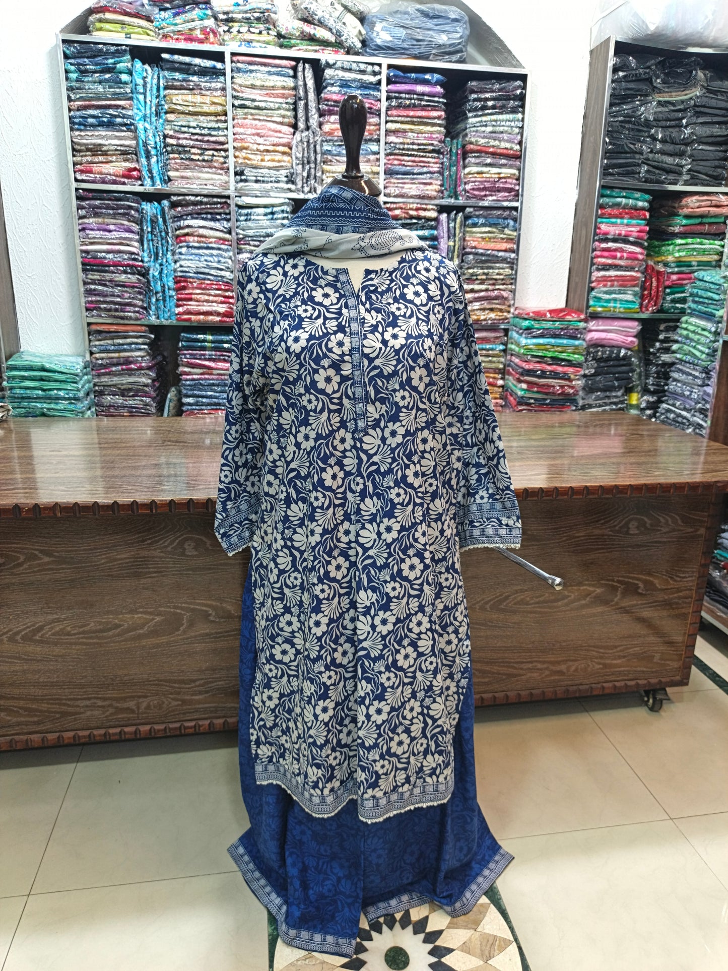 Binsaeed premium lawn stiched shirt plazzo 3 pc nvy