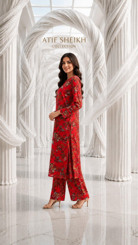 Linen stiched shalwar kameez 2 pc red