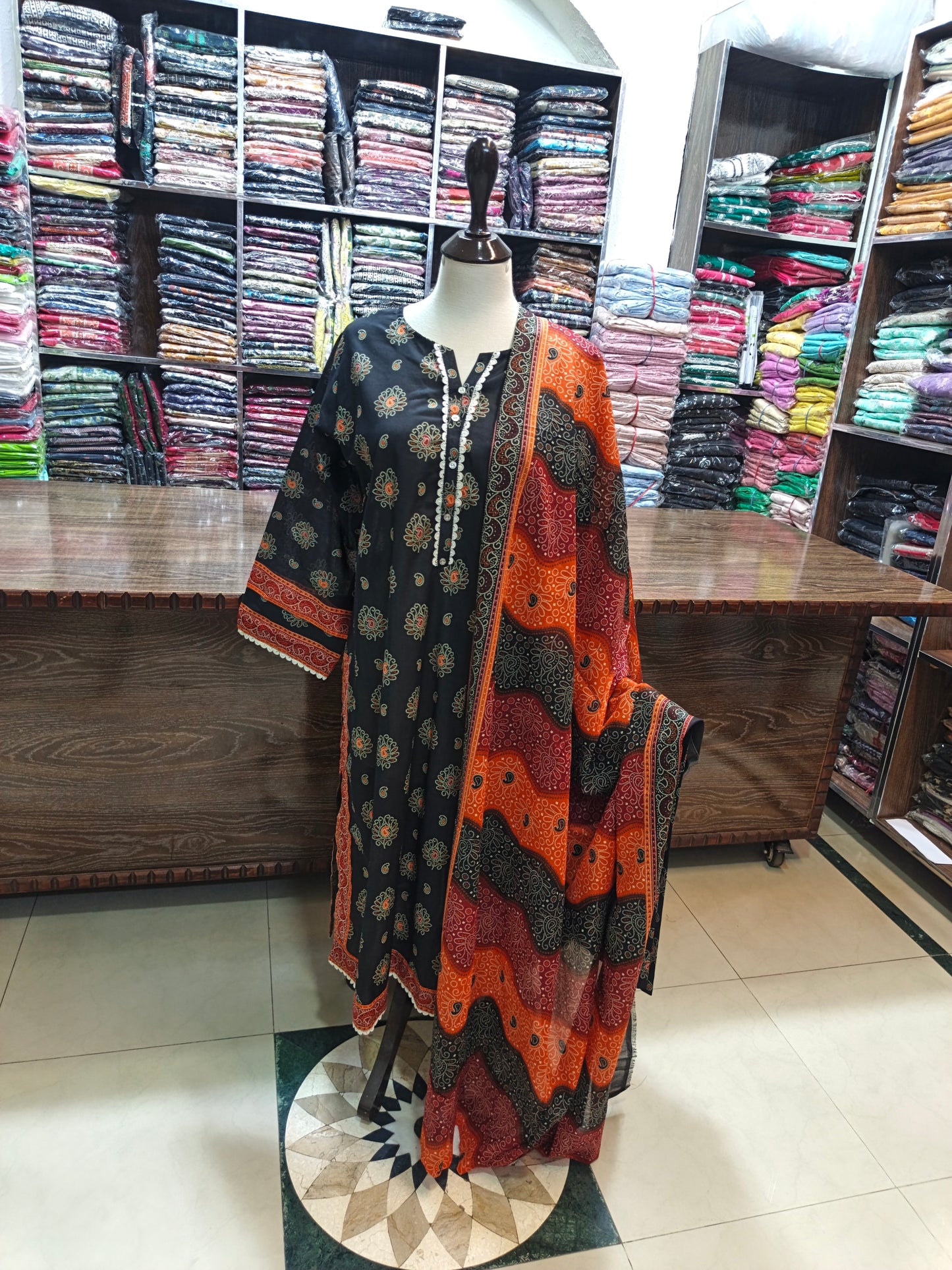 Binsaeed premium lawn stiched shirt trouser 3 pc blkorg