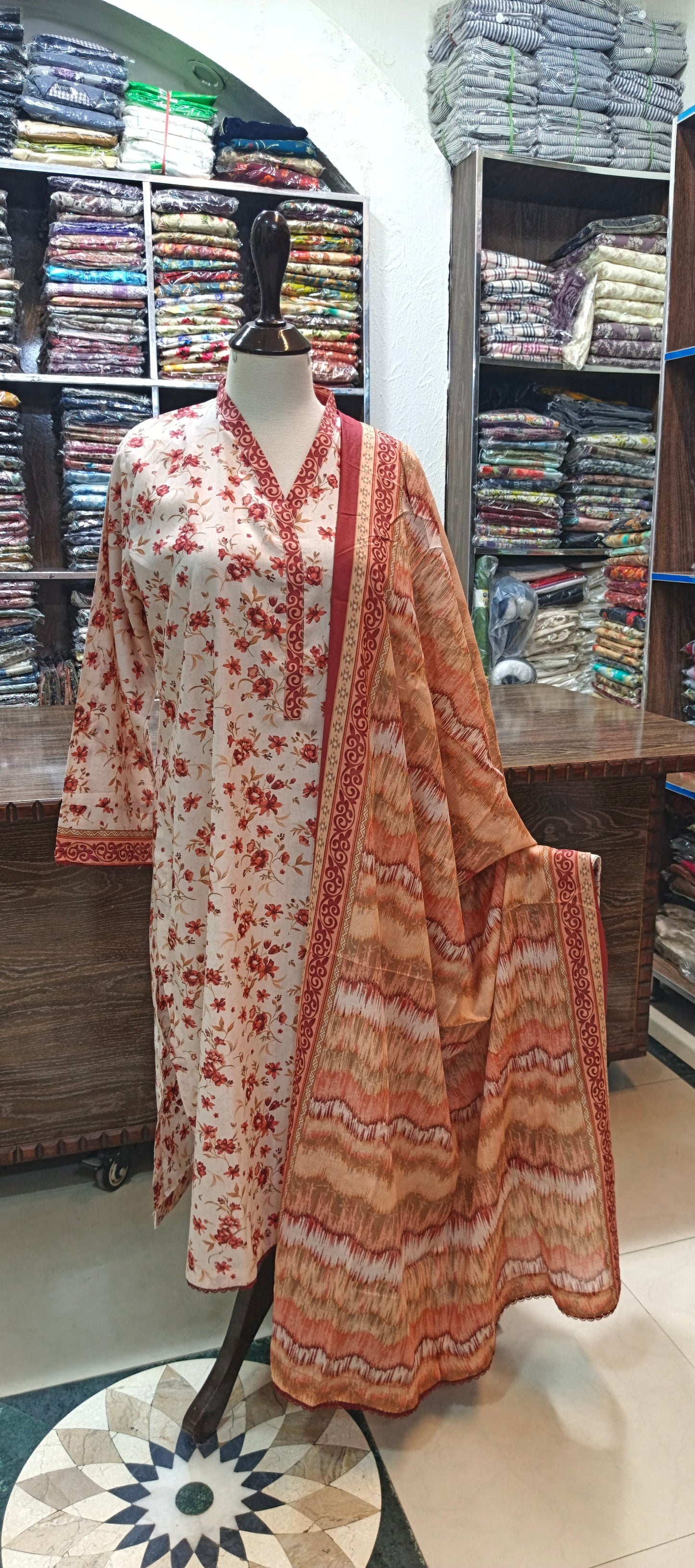 Bin saeed lawn stiched long shirt trouser 3 pc crmtpnk