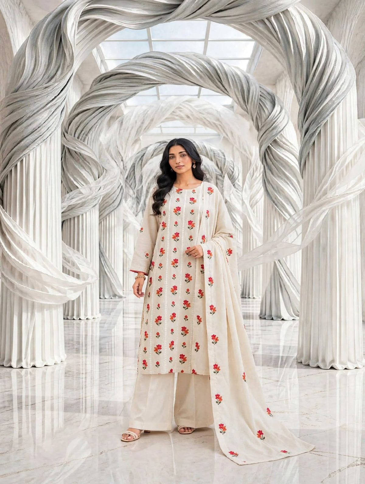 Khaddar embroidered stiched long shirt trouser 3pc F2