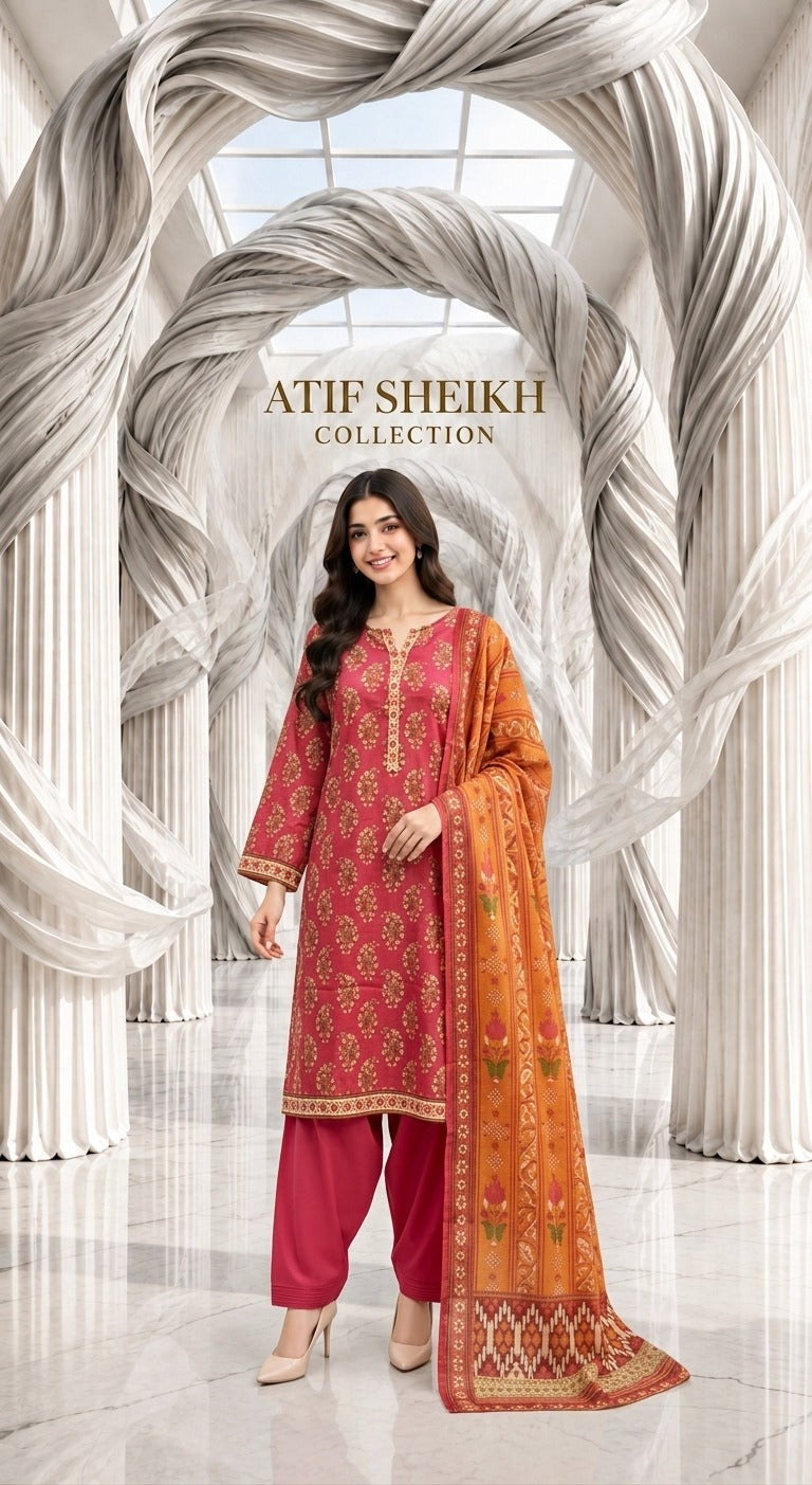 Binsaeed zari khaddar stiched shalwar kameez 3pc redor