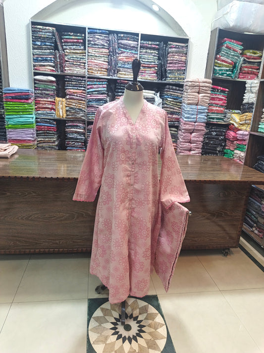 self jacuard Long A line cut shirt trouser stiched 2pc pnk