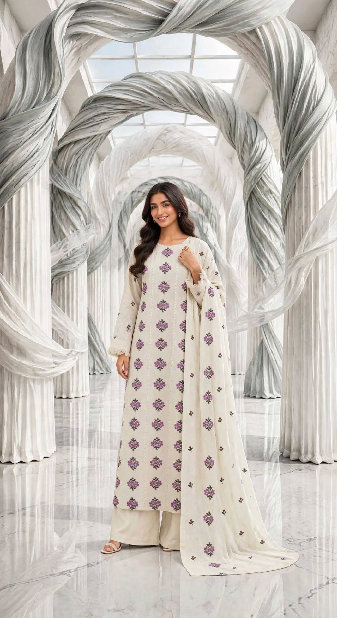 Karandi khaddar embroidered stiched long shirt trouser 3pc prplcrs