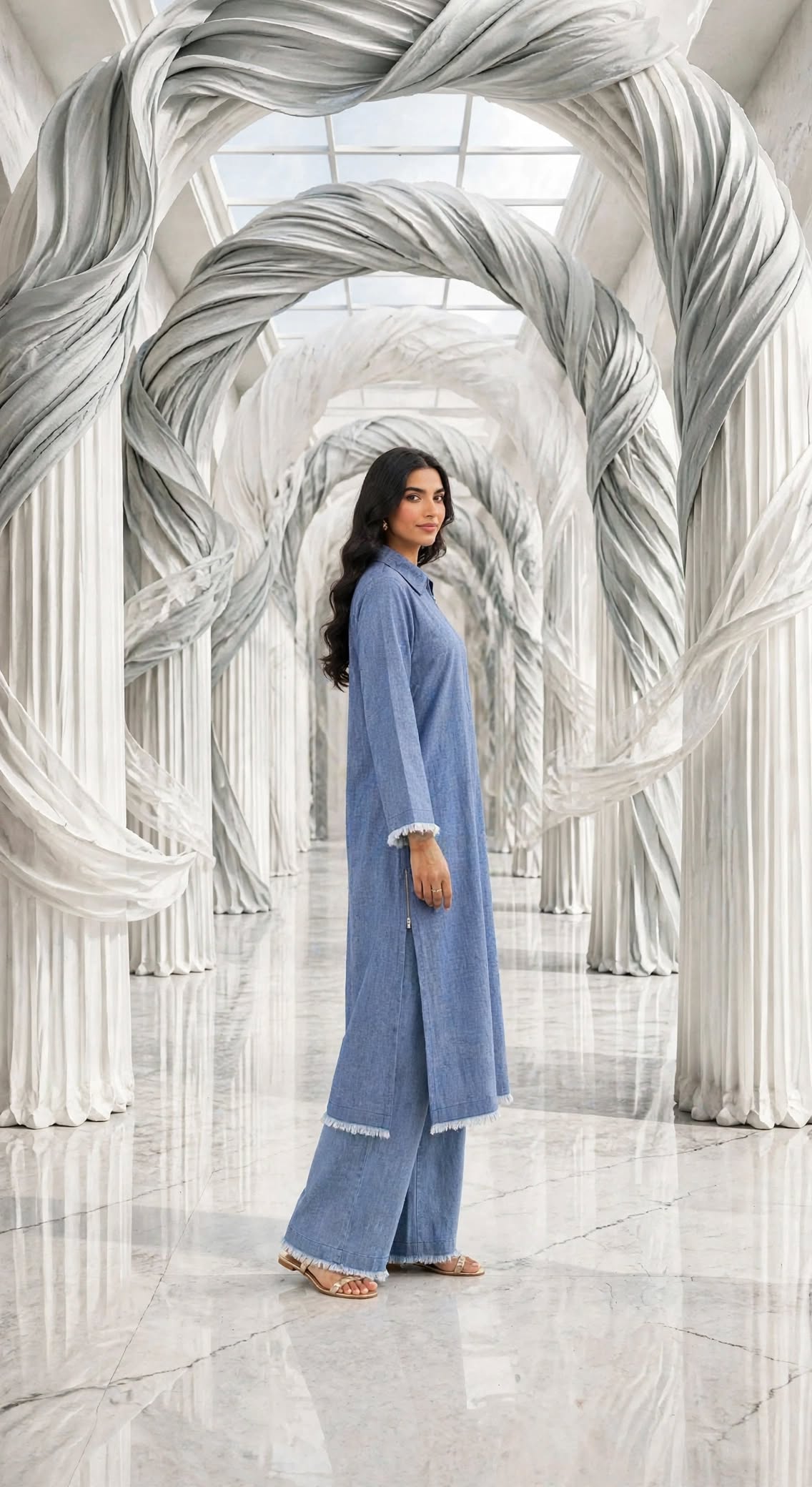 Denim stiched long shirt trouser 2 pc