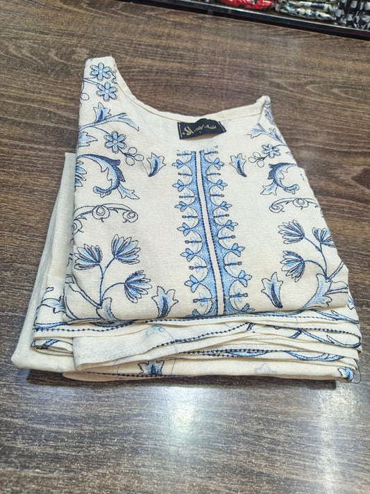 Karandi khaddar embroidered stiched long shirt trouser 3pc sky