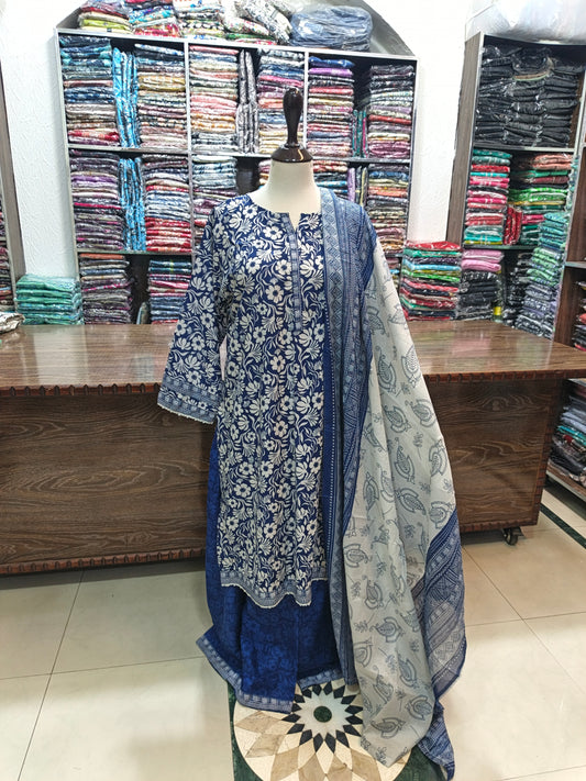 Binsaeed premium lawn stiched shirt plazzo 3 pc nvy