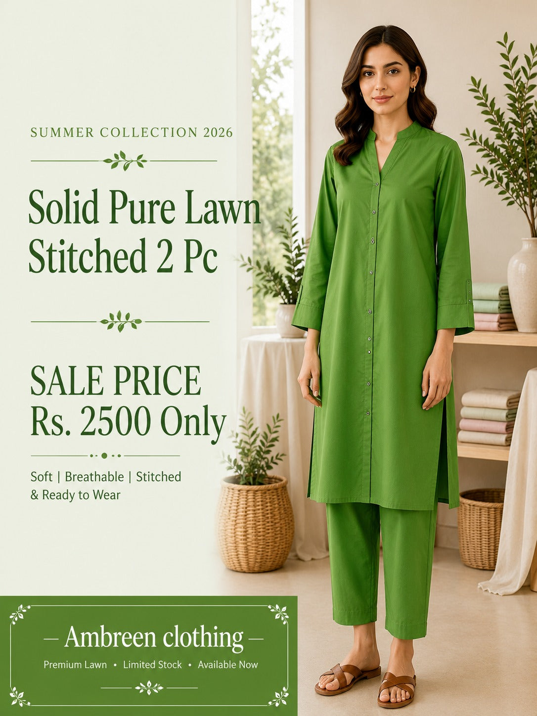 Solid pure lawn stiched A line long shirt trouser  2 pc gren