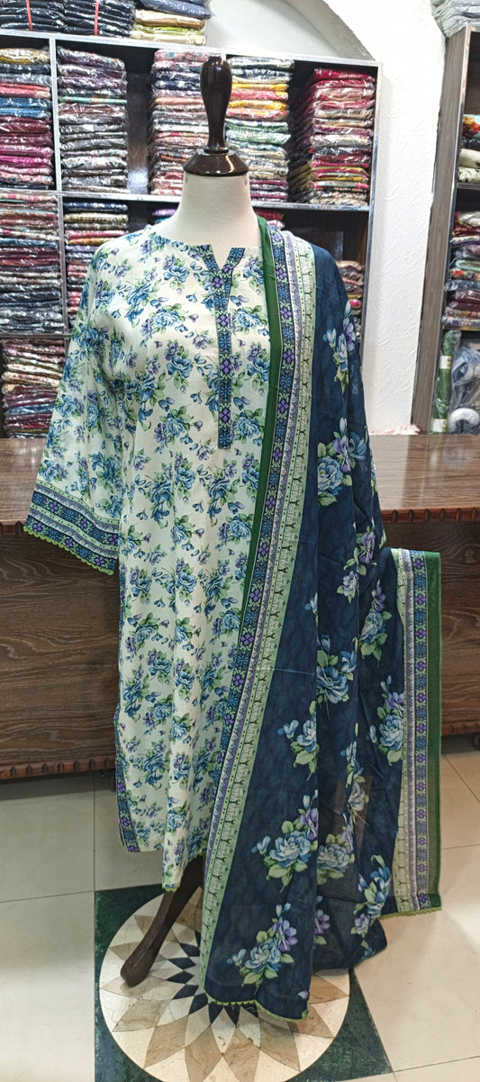 Bin saeed lawn long stiched shirt trouser 3 pc