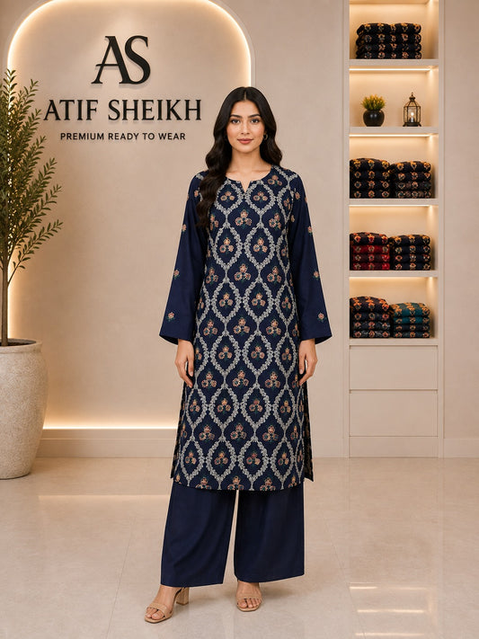 Karandi embroidered long stiched shirt trouser 2pc nvysqr