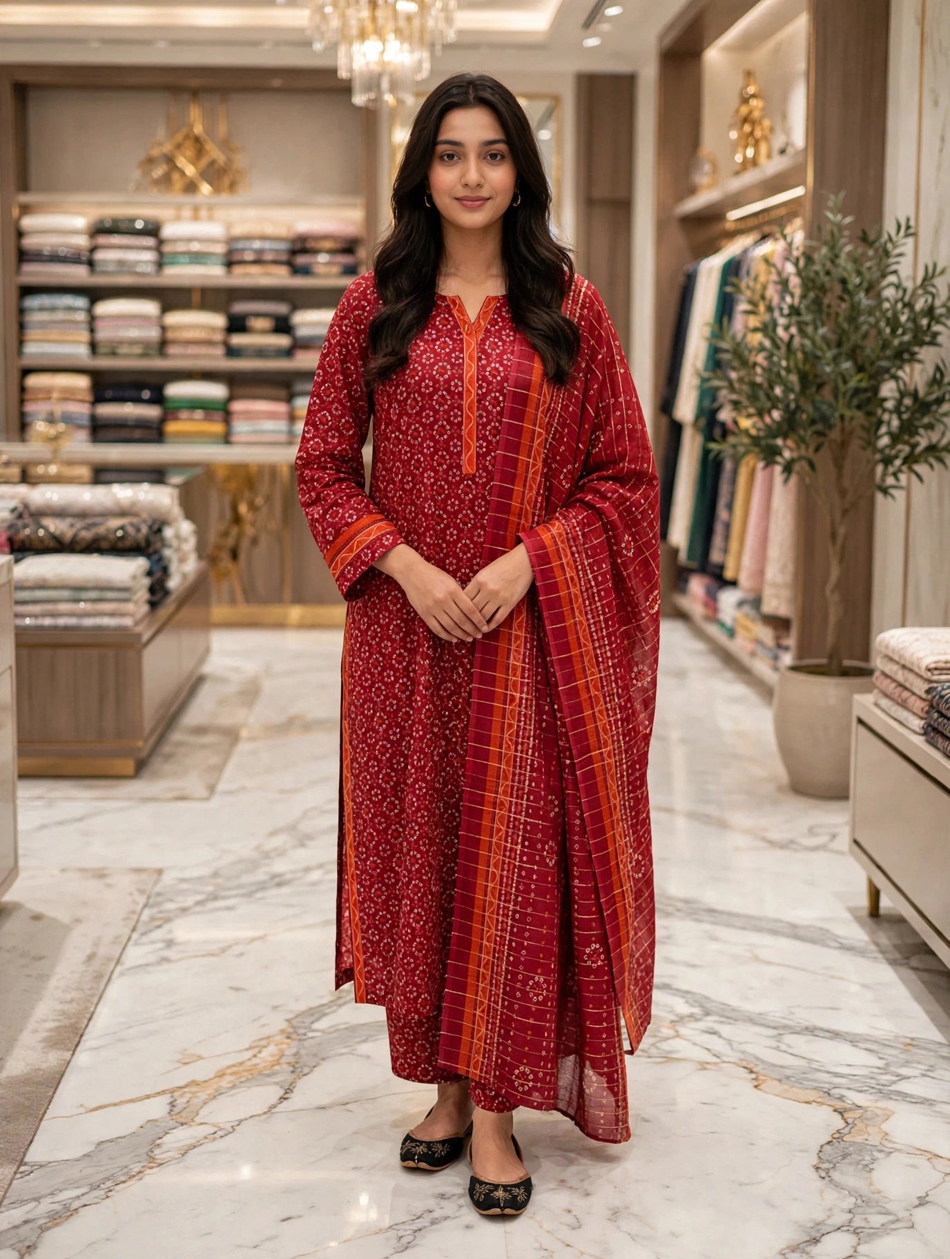 Binsaeed premium lawn stiched long shirt trouser 3pc red6
