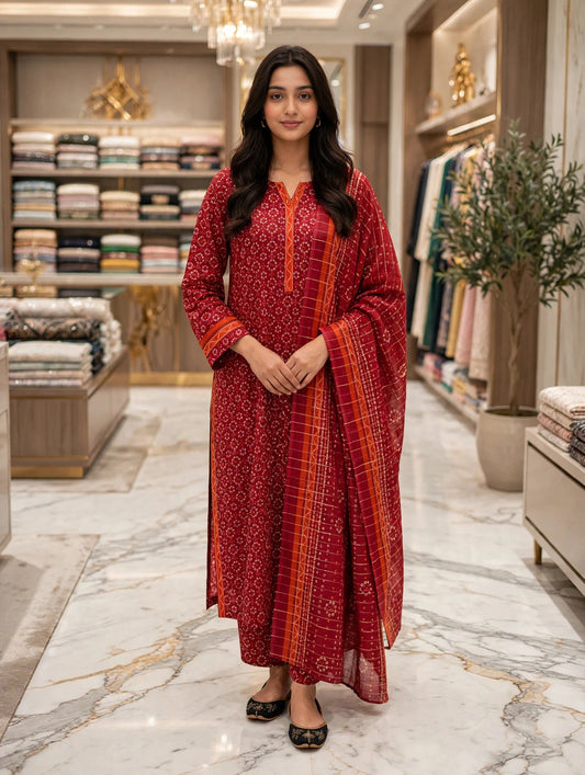 Binsaeed premium lawn stiched long shirt trouser 3pc red6