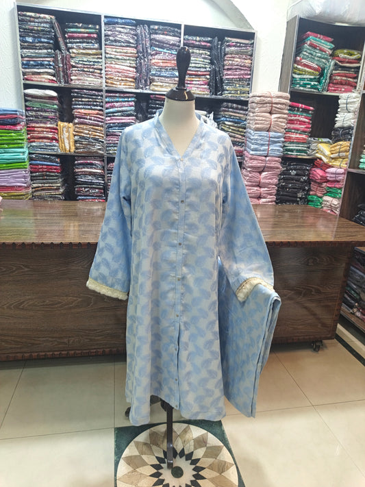 self jacuard Long A line cut shirt trouser stiched 2pc ice