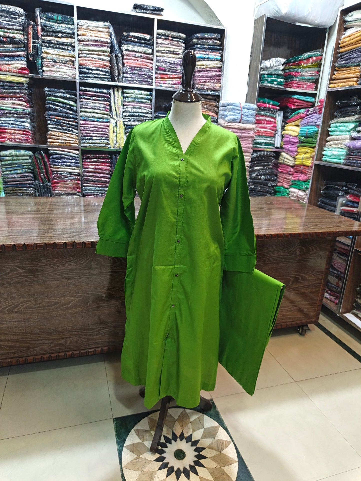 Solid pure lawn stiched A line long shirt trouser  2 pc gren