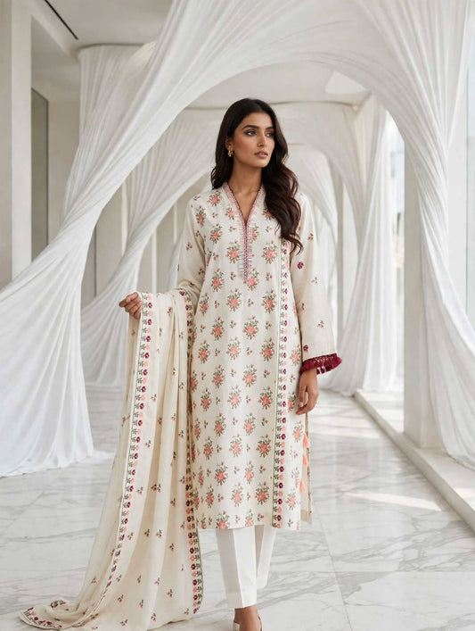 Karandi khaddar embroidered stiched long shirt trouser 3pc pch
