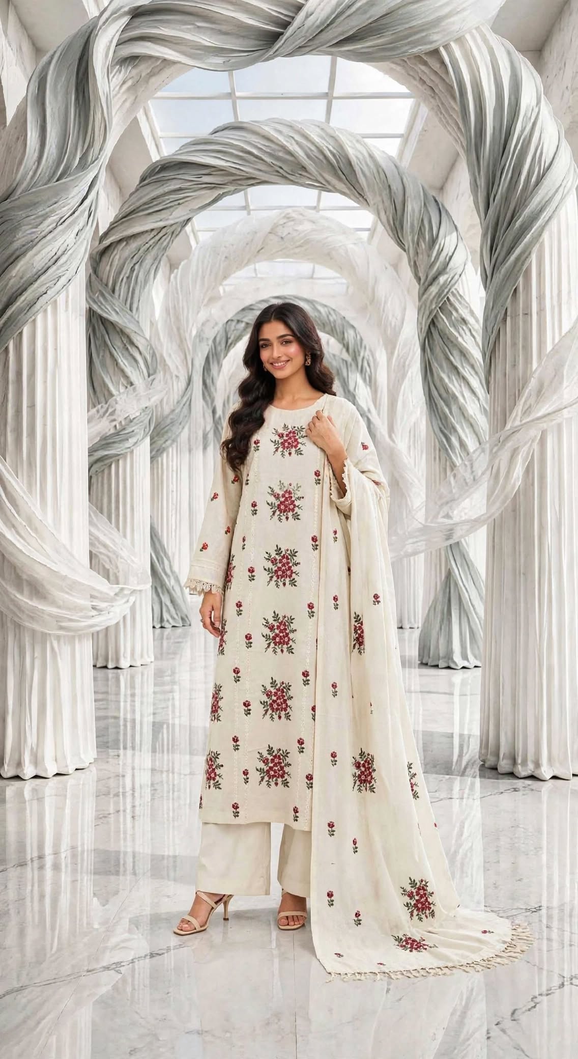 Karandi khaddar embroidered stiched long shirt trouser 3pc mrnflr