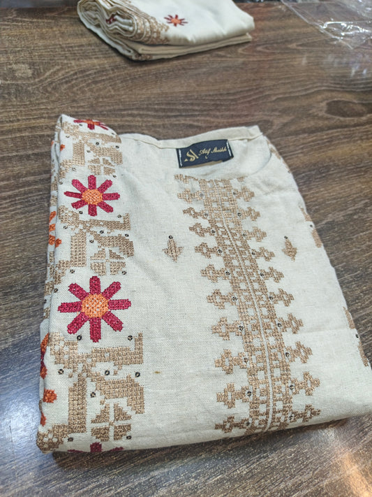 Karandi khaddar embroidered stiched long shirt trouser 3pc mrnskin