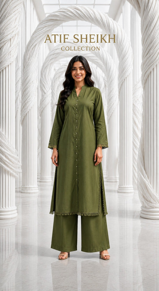 Binsaeed solid khaddar stiched shirt trouser 2 pc mhndi