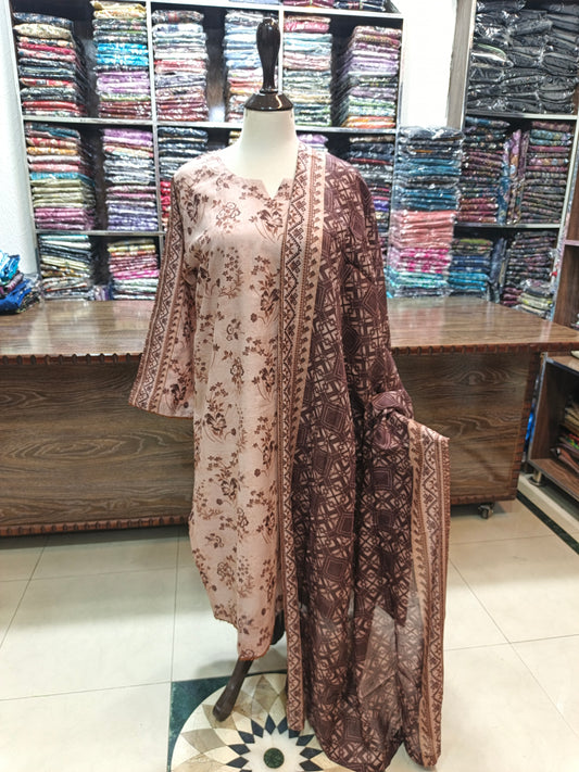 Binsaeed premium lawn stiched shirt trouser stiched 3pc cofeBr