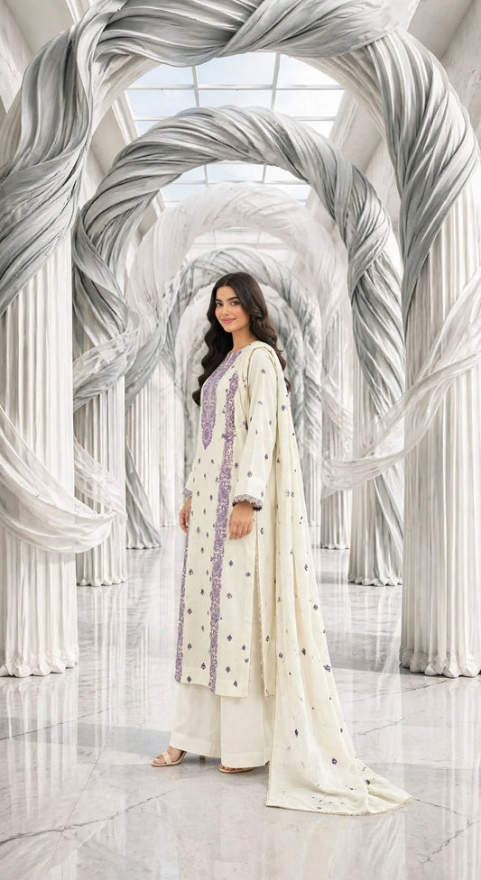Karandi khaddar embroidered stiched long shirt trouser 3pc llcK