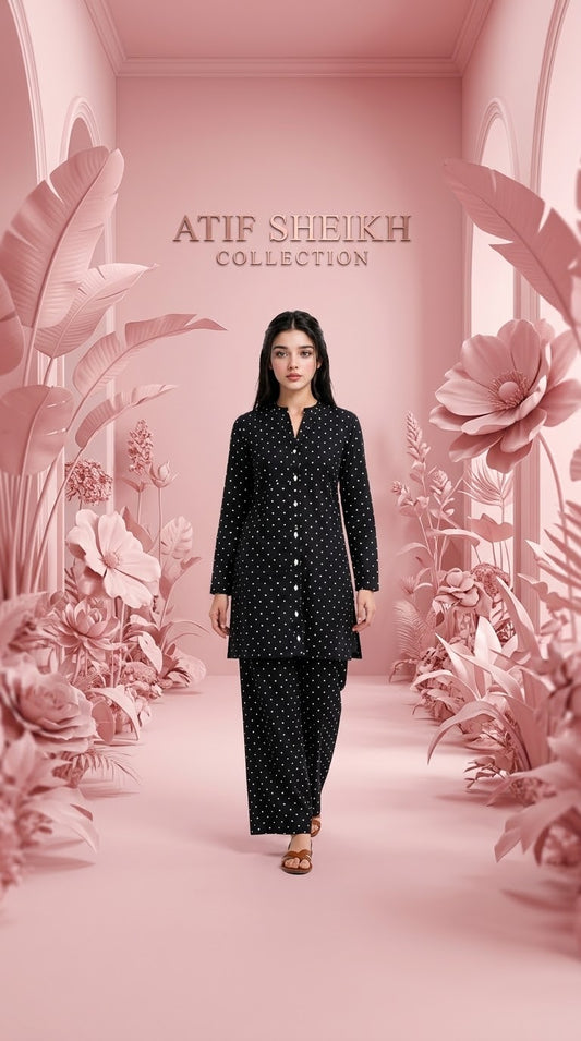 Winter cotton polka dot short co ord set 2 pc blk