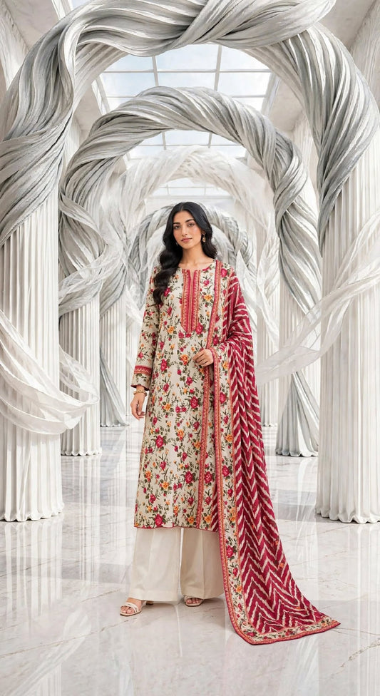 Binsaeed khaddar stiched shalwar kameez 3pc sknred
