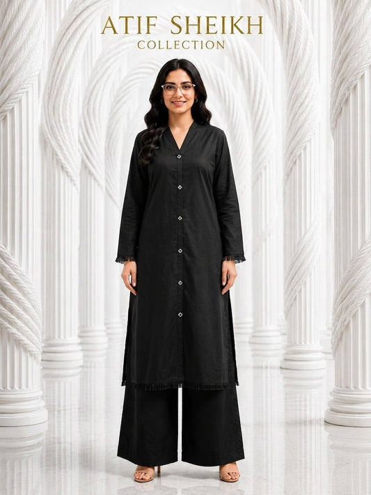 Binsaeed solid khaddar stiched shirt trouser 2pc blk