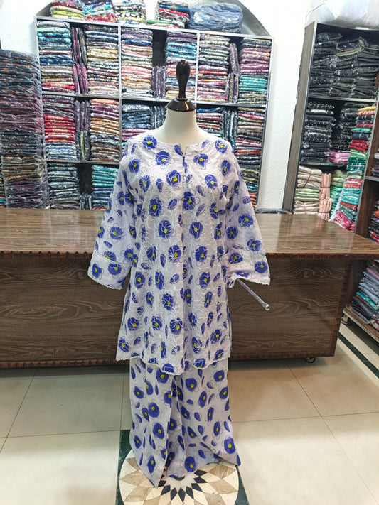 Lawn embroidered stiched short co ord set 2 pc wtblu