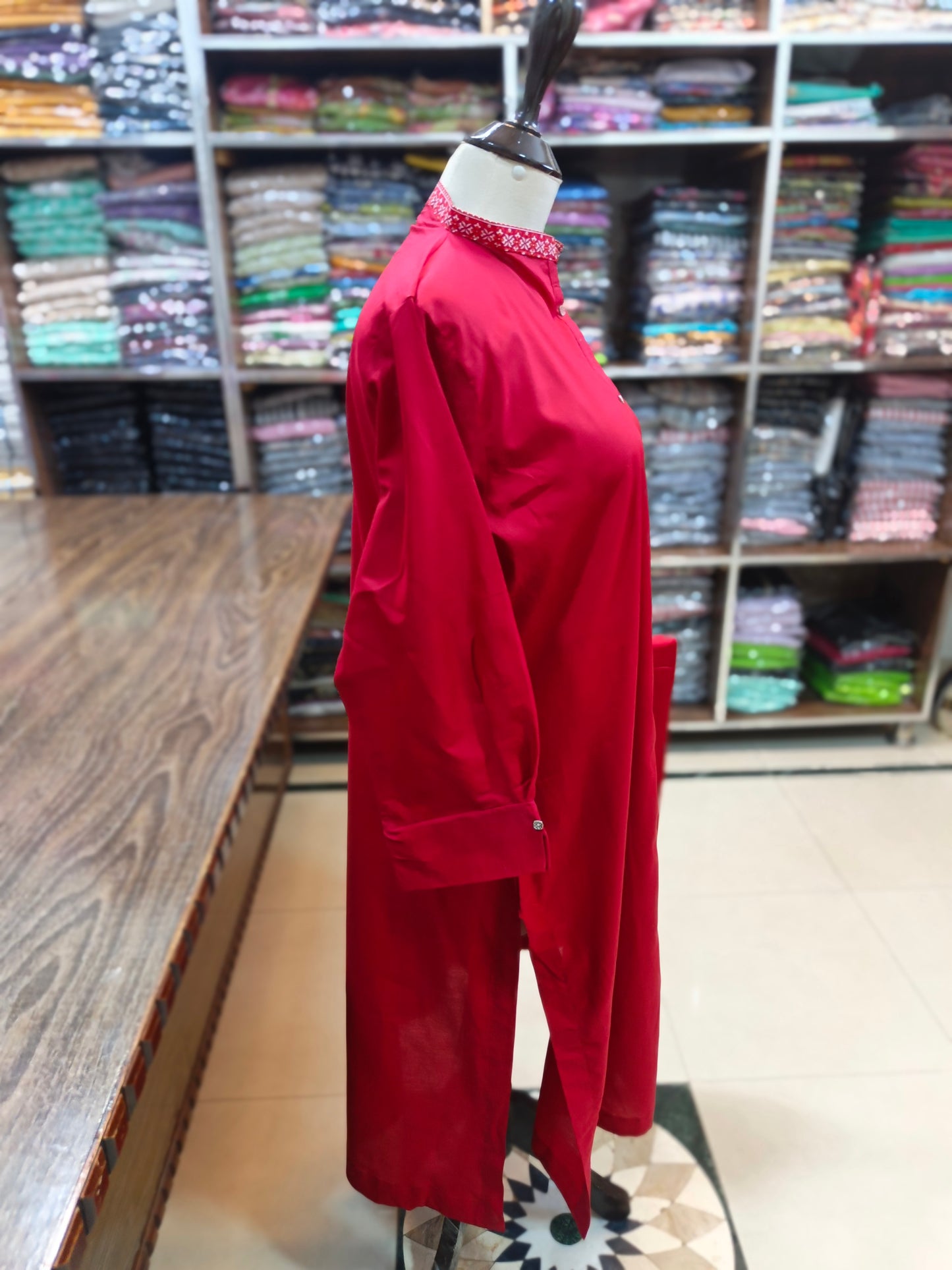 Solid pure lawn long stiched shirt trouser 2 pc red