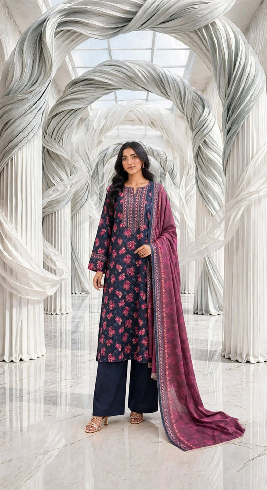 Binsaeed khaddar stiched shalwar kameez 3 pc bluflora