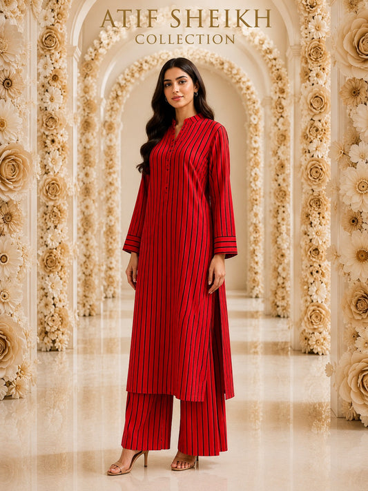 Linen stiched shirt trouser 2 pc red