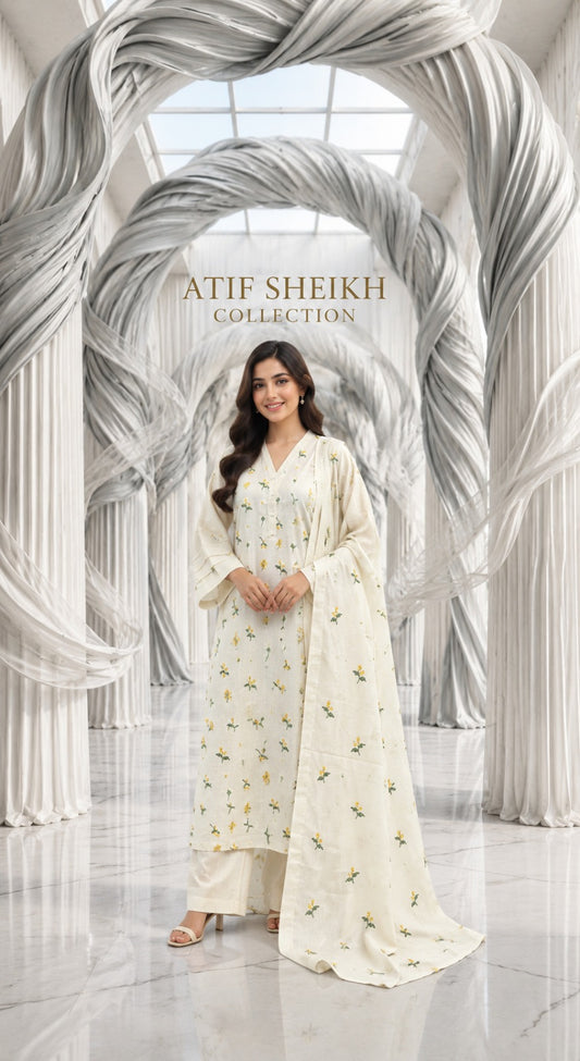 Karandi khaddar embroidered stiched long shirt trouser 3pc yelo