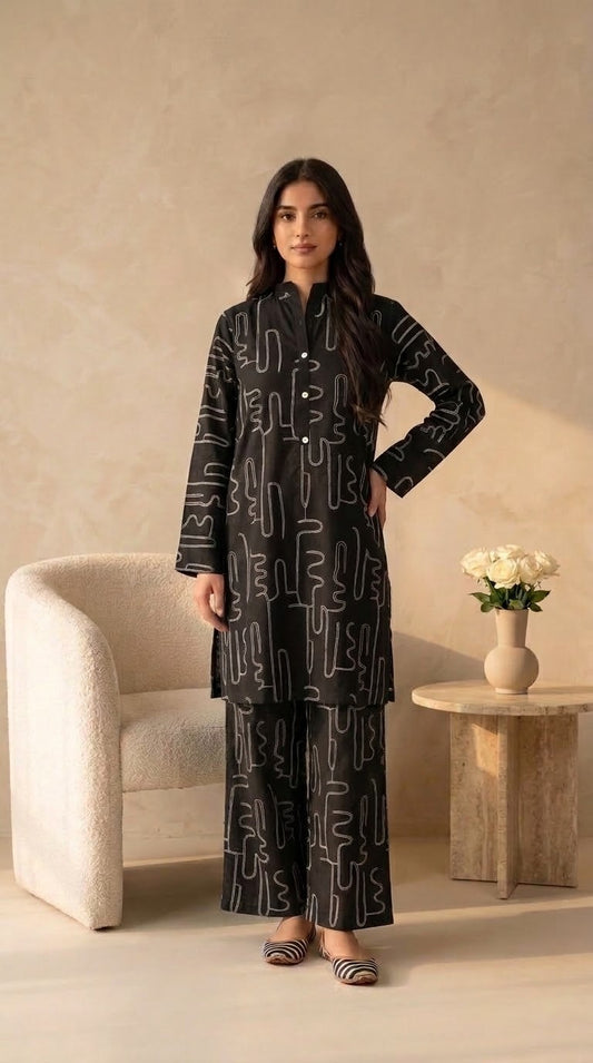 Winter cotton short co ord set 2 pc blkemb