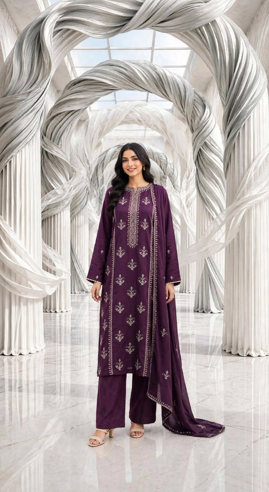 Karandi embroidered stiched shirt trouser 3pc prpl2