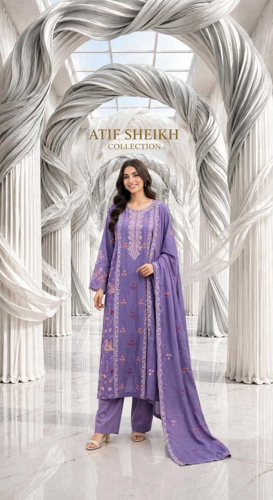 Karandi embroidered stiched long shirt trouser 3pc lilac