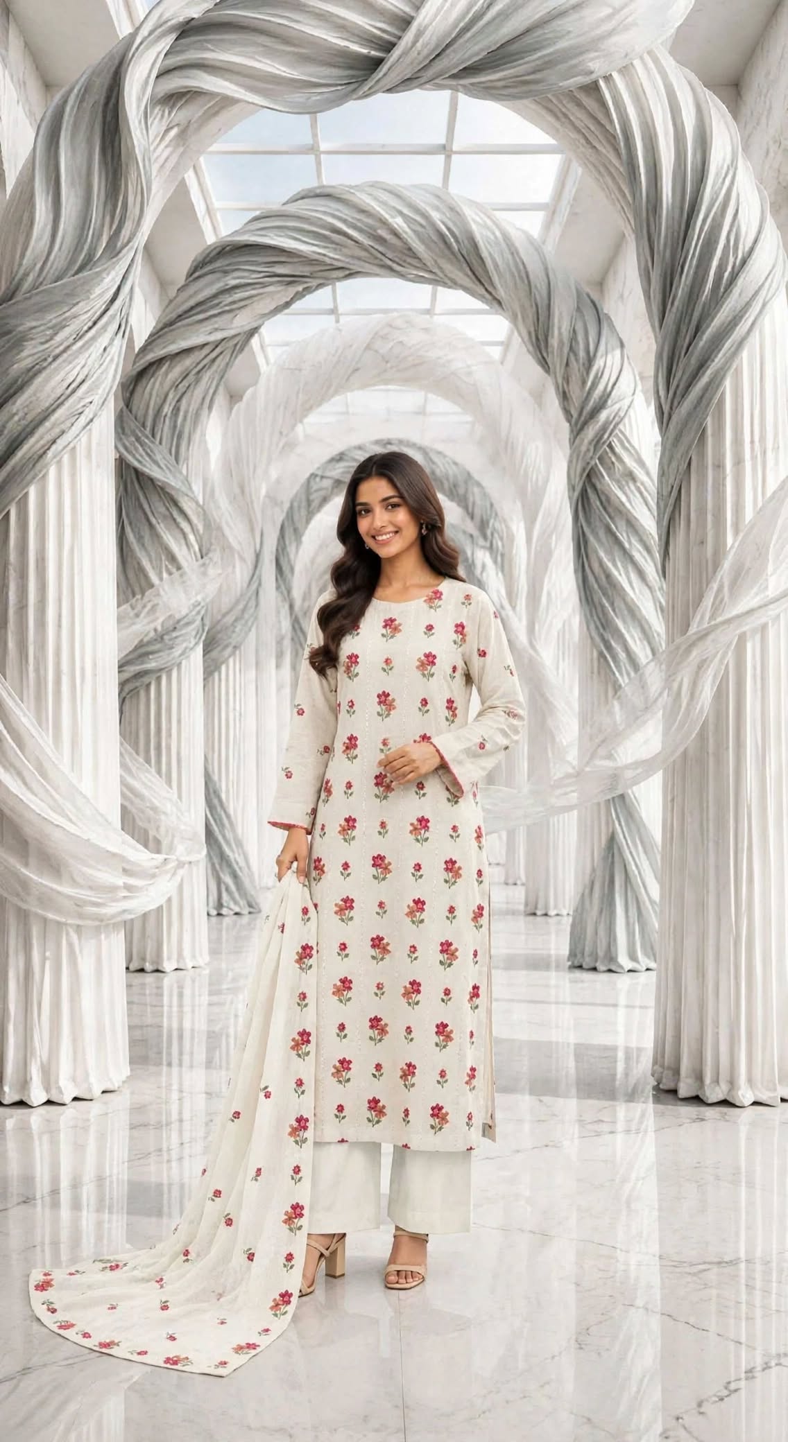 Karandi embroidered stiched long shirt trouser 3pc pnkgrn