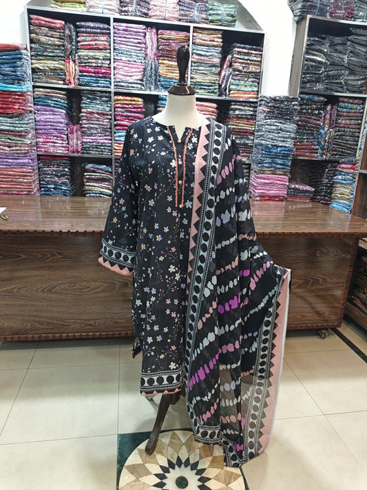 Binsaeed premium lawn stiched shirt trouser 3 pc blkpnk