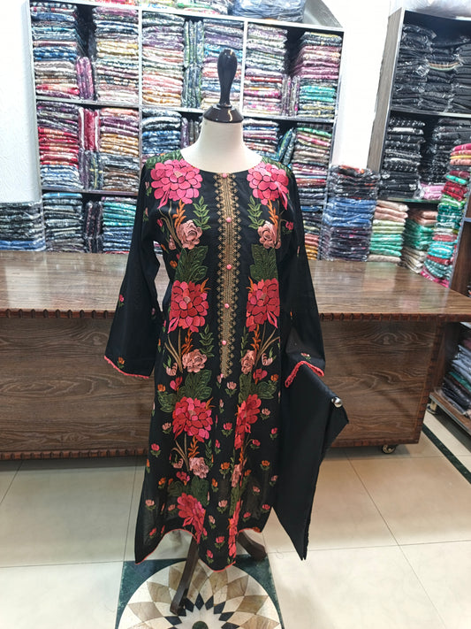 Breeze embroidered lawn stiched long shirt trouser 2pc glblk