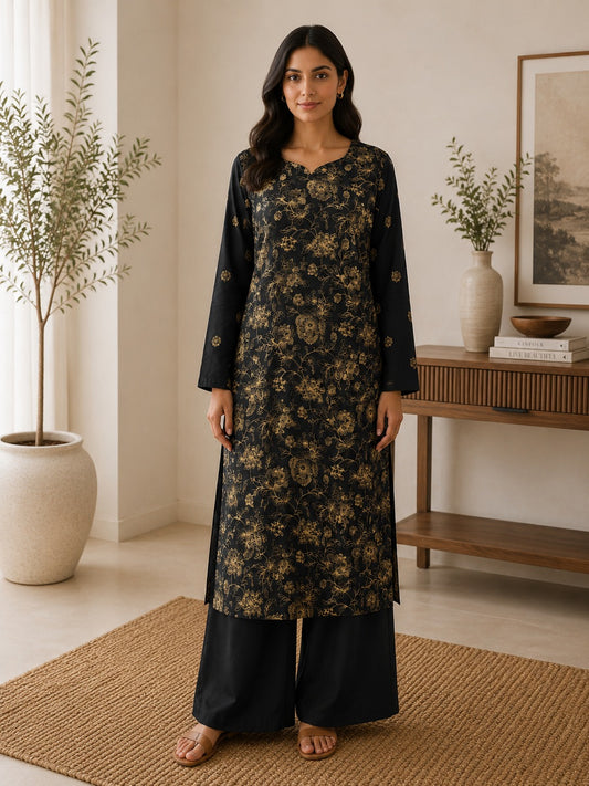 Karandi embroidered stiched long shirt trouser 2pc blkgld