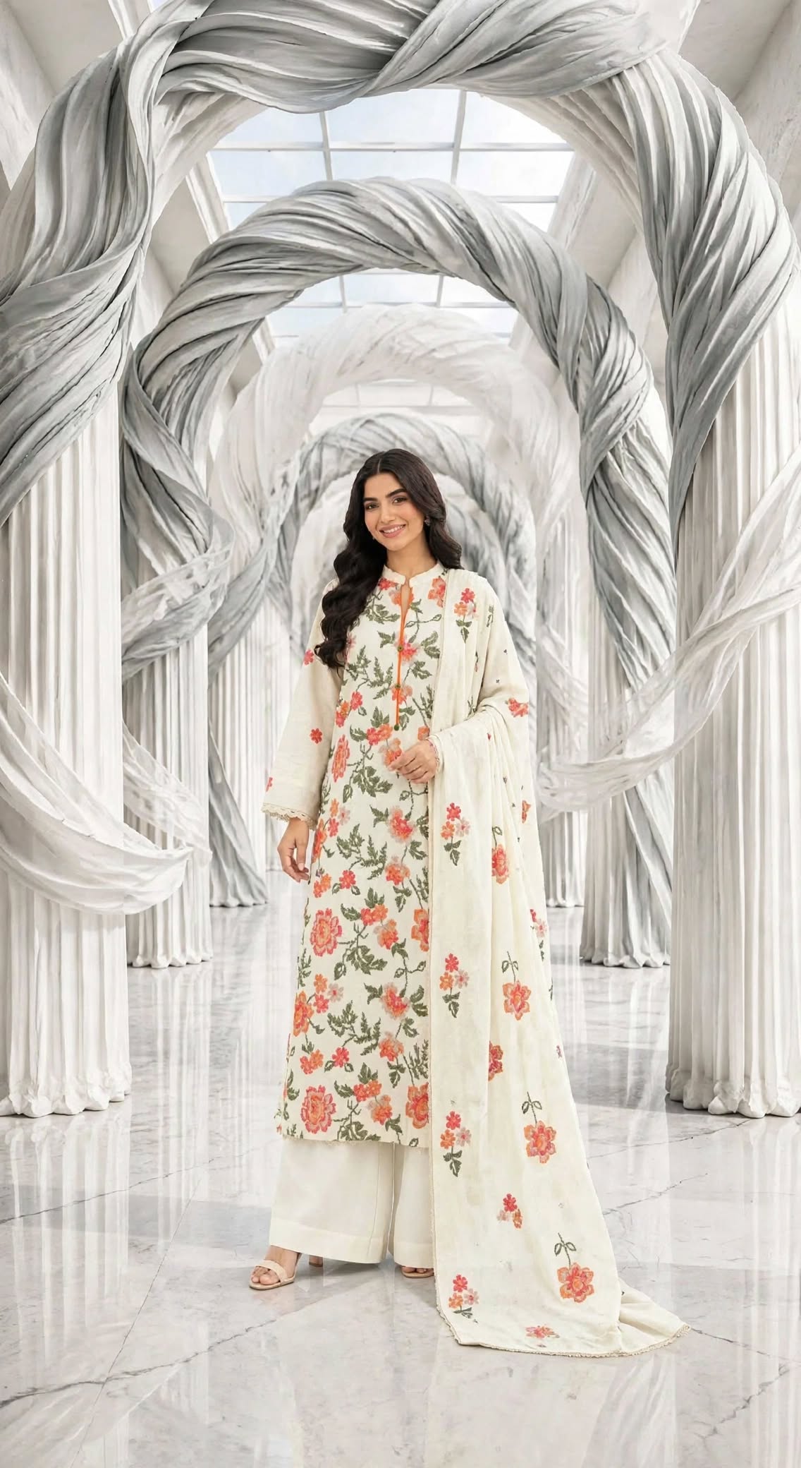 Karandi khaddar embroidered stiched long shirt trouser 3pc orcrs