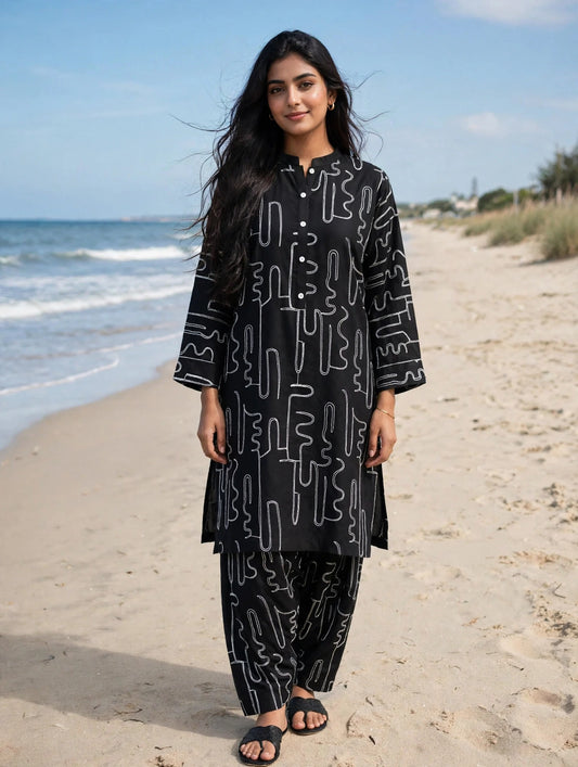 Winter cotton short co ord set 2 pc blkemb