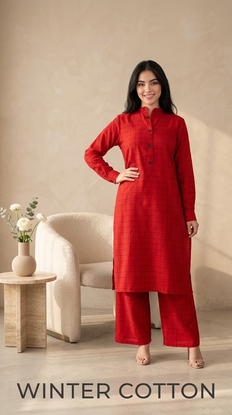 Cotton stiched long shirt trouser 2pc redchk