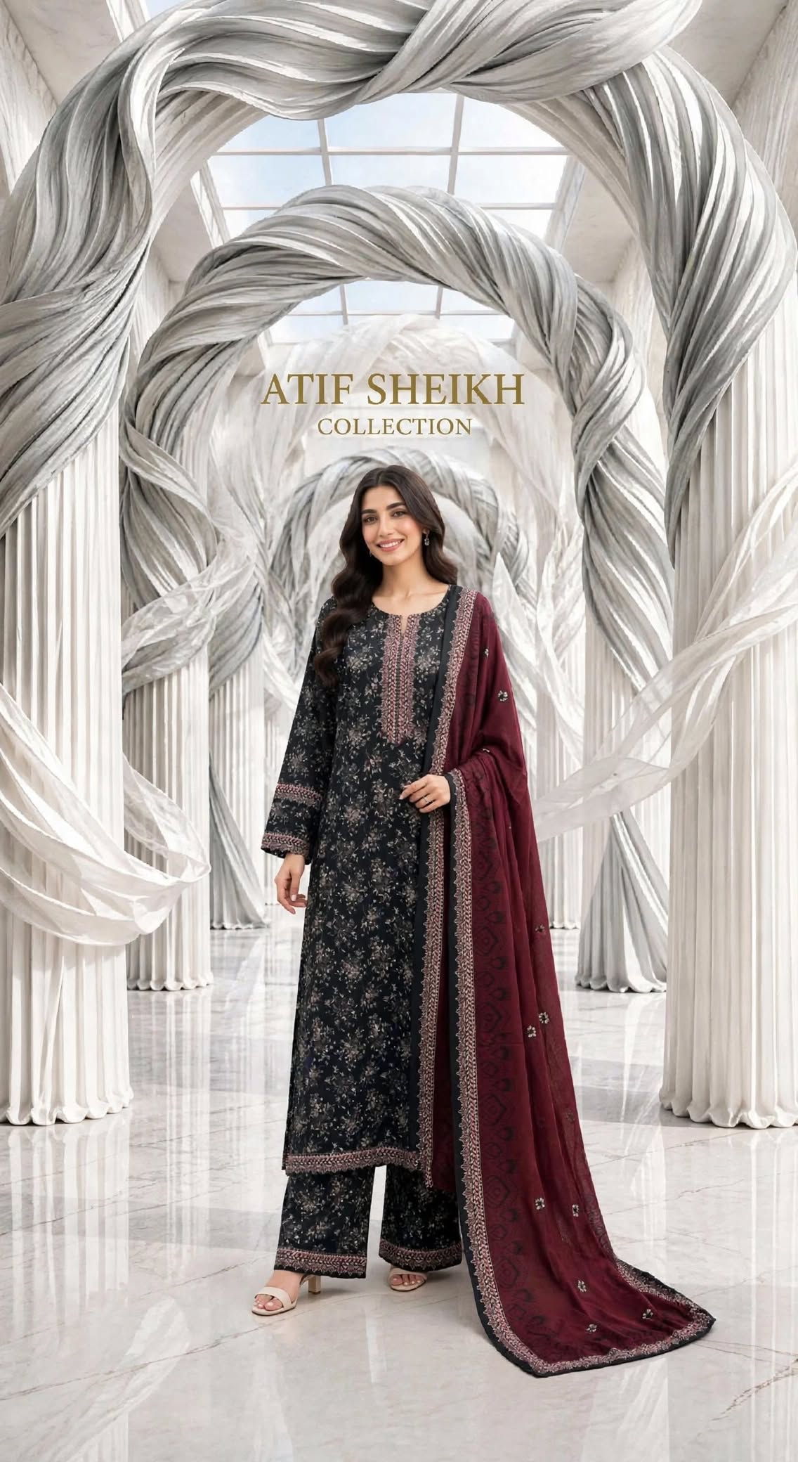 Binsaeed khaddar stiched long shirt trouser 3pc nvymrn