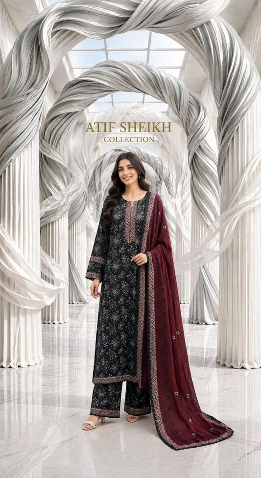 Binsaeed khaddar stiched long shirt trouser 3pc blkmrn