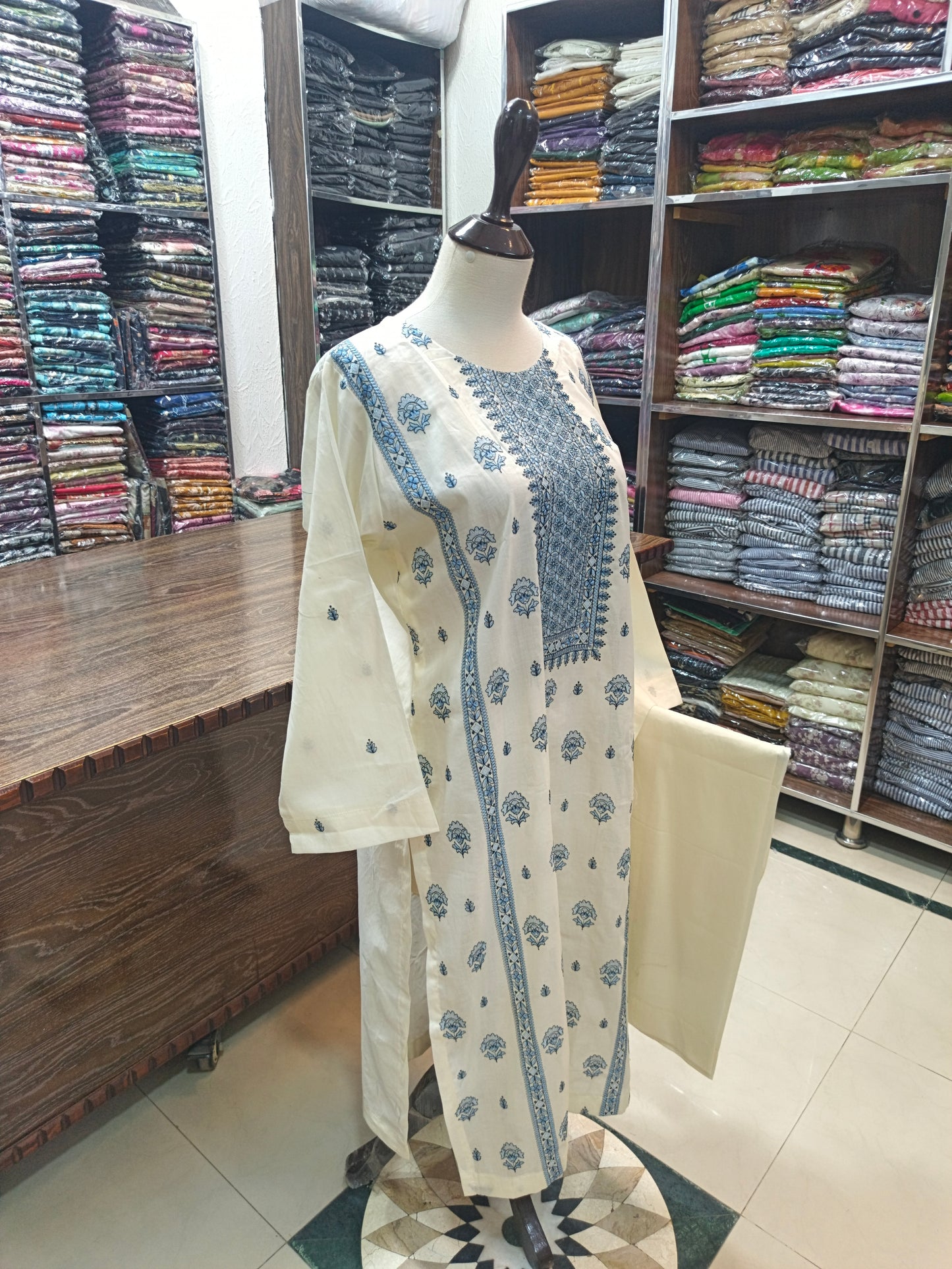 lawm embroidered stiched long shirt trouser 2 pc ivryG